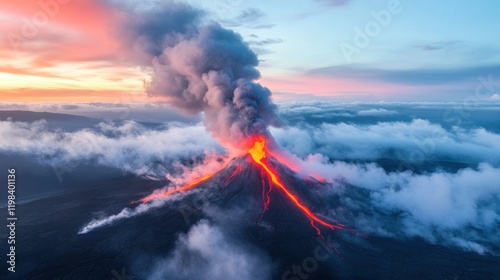 Volcanic eruption spectacle mountain range aerial natural environment dramatic viewpoint earth’s fury