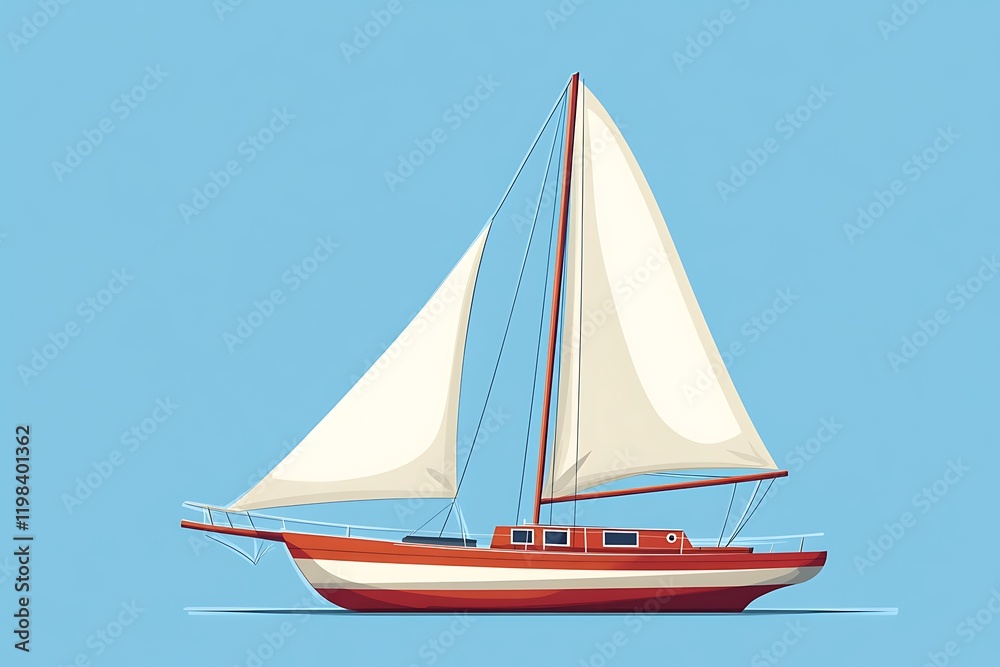 Fototapeta premium Classic Red Sailboat on Calm Blue Waters, Vector Illustration