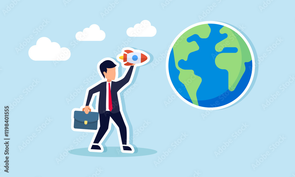 Businessman preparing to launch a rocket toward the globe, illustration of targeting a business to become a global player Businessman preparing to launch a rocket toward the globe, illustration of targeting a business to become a global player