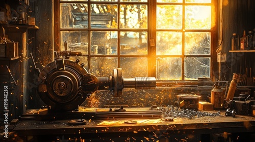 Sunlit workshop with vintage grinder and metal shavings.
