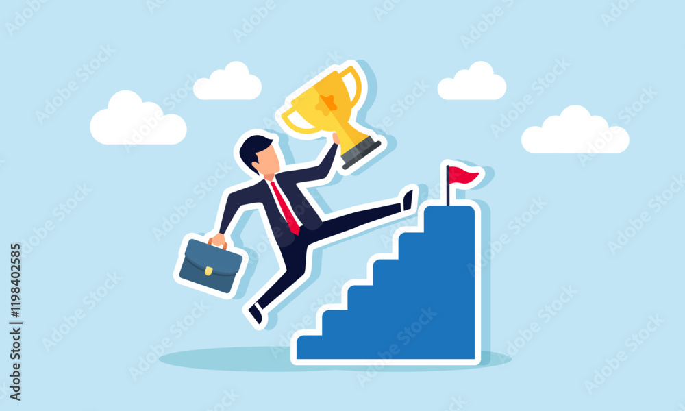 Businessman jumping over stairs while carrying a trophy to reach the top, illustration of efforts to maintain the title as a leading company Businessman jumping over stairs while carrying a trophy to reach the top, illustration of efforts to maintain the title as a leading company