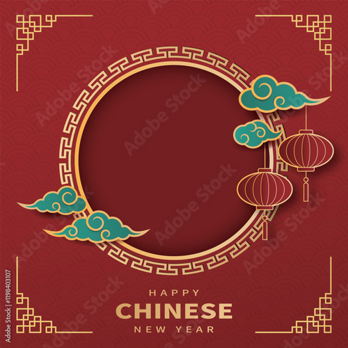 Chinese New Year background template with a circular frame, lanterns, auspicious clouds, and Asian New Year elements on a red background.