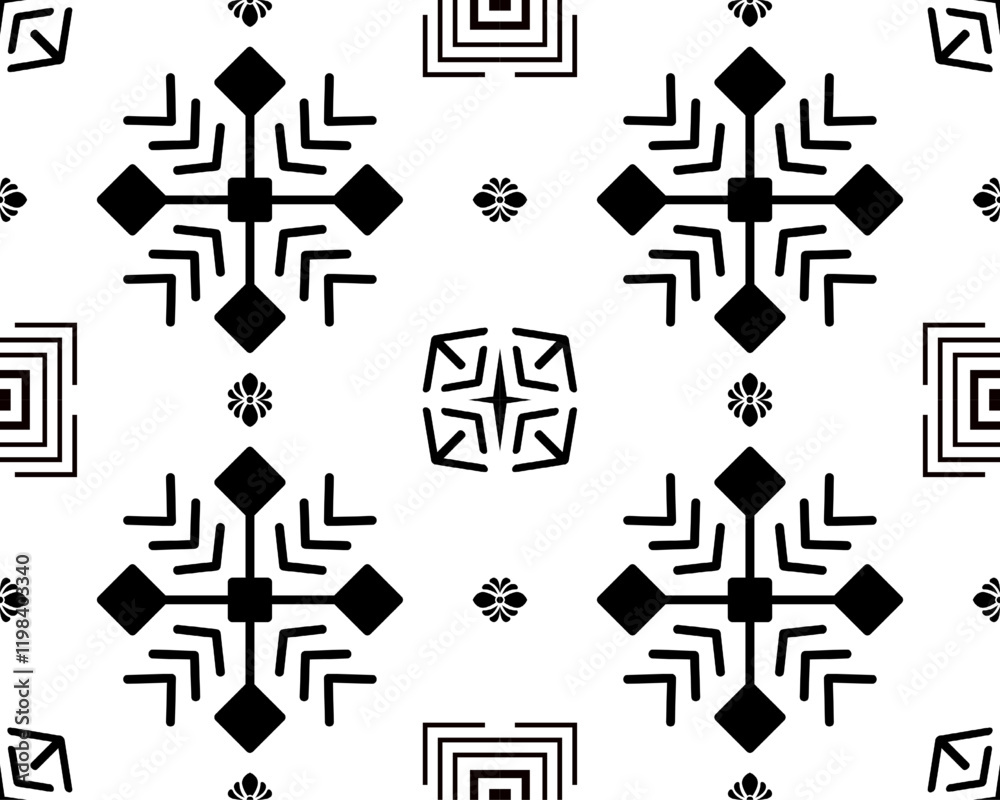 Bold black and white geometric pattern featuring snowflake shapes and intricate designs, perfect for modern decor or textile applications Bold black and white geometric pattern featuring snowflake shapes and intricate designs, perfect for modern decor or textile applications