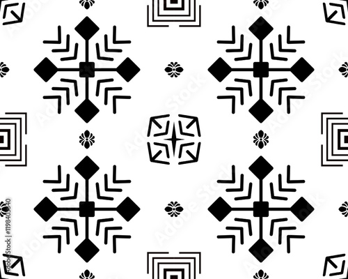 Bold black and white geometric pattern featuring snowflake shapes and intricate designs, perfect for modern decor or textile applications