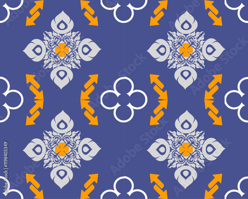 Intricate geometric pattern featuring floral motifs and arrows in vibrant colors. design combines shades of blue, orange, and gray, creating visually striking and harmonious composition