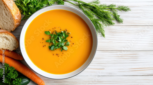 bowl of fresh vegetable soup with herbs and crusty bread nearby