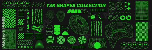 Abstract geometry wireframe shapes and patterns, cyberpunk elements, signs and perspective grids. Surreal geometric retro signs. Rave psychedelic futuristic Y2k acid aesthetic set. Vector illustration