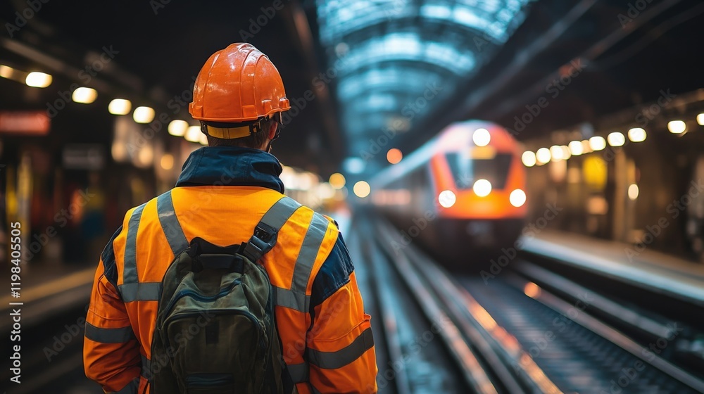 Obraz premium Industrial worker at a railway station wearing high-visibility gear as a train approaches