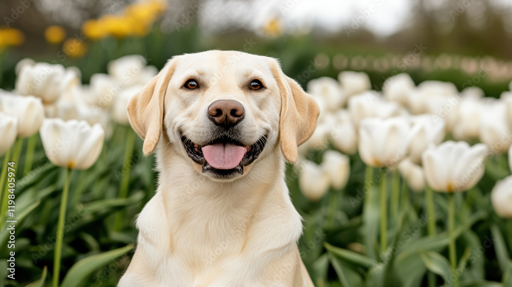happy dog in field of white tulips, enjoying sunny day outdoors happy dog in field of white tulips, enjoying sunny day outdoors
