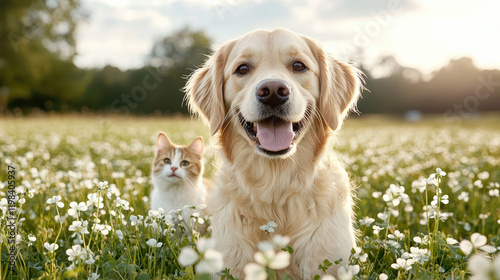 Fototapeta Naklejka Na Ścianę i Meble -  dog and cat happily playing in field of clover flowers