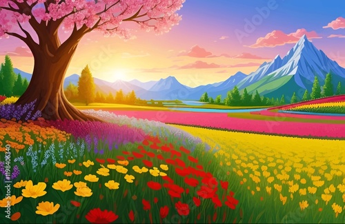 Wallpaper Mural Beautiful and Peaceful Nature Scenery Illustration Landscape Countryside Tranquil Vibrant and Colorful Torontodigital.ca