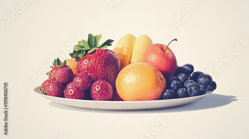 painting of fresh fruit on a plate on a white background