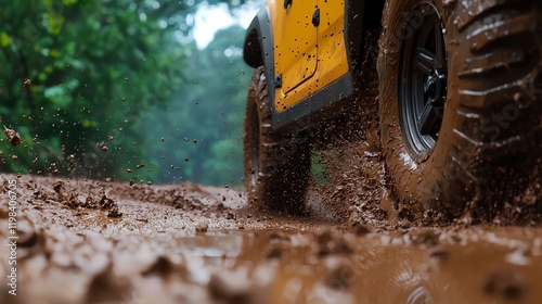 All-Terrain Vehicle A powerful ATV splashing through muddy trails in a dense forest, its rugged frame designed to withstand harsh environments