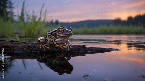 Oregon Spotted Frog at Dusk by Twilight Pond