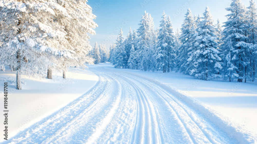 Obraz premium snowy path winds through serene winter forest
