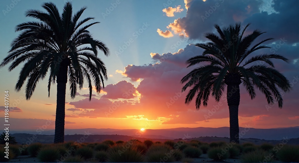 Obraz premium Ramadan poster/card/banner with copy space, A date palm tree at dusk with an open area for text in the sky.
