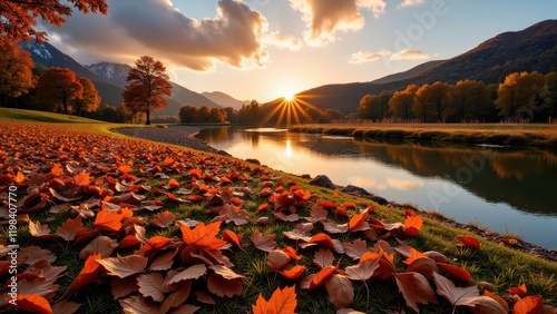 Glowing sunset over a serene lake, framed by vibrant grass and scattered amber leaves. Nature's tranquility captured at eye level amidst an enchanting autumn scene photo