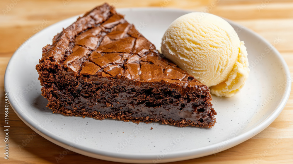 Delicious chocolate lava cake slice with creamy vanilla ice cream Delicious chocolate lava cake slice with creamy vanilla ice cream