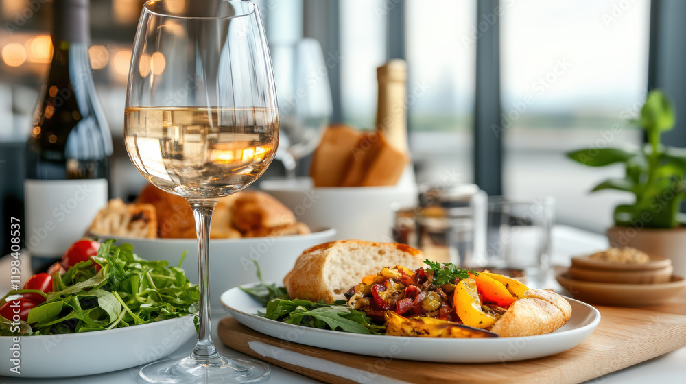 traveler enjoying gourmet meal with wine and fresh ingredients