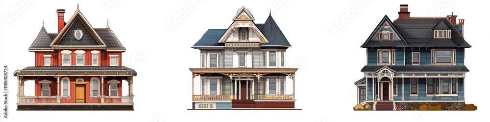 Three distinct Victorian-style Queen Anne house style icons showcasing intricate architectural details, vibrant colors, and unique designs. Each house features ornate trim, gabled roofs. Three distinct Victorian-style Queen Anne house style icons showcasing intricate architectural details, vibrant colors, and unique designs. Each house features ornate trim, gabled roofs.