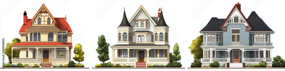 A collection of three distinct Victorian-style Queen Anne house style icons, each showcasing unique architectural features. The first house has a red roof with striped detailing. A collection of three distinct Victorian-style Queen Anne house style icons, each showcasing unique architectural features. The first house has a red roof with striped detailing.