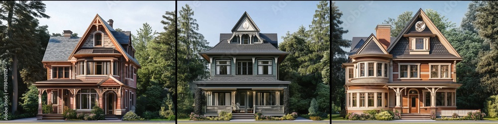 A triptych of three distinct Victorian-style Queen Anne house style icons, each showcasing unique architectural features. The first house has a steep gabled roof and intricate woodwork. A triptych of three distinct Victorian-style Queen Anne house style icons, each showcasing unique architectural features. The first house has a steep gabled roof and intricate woodwork.