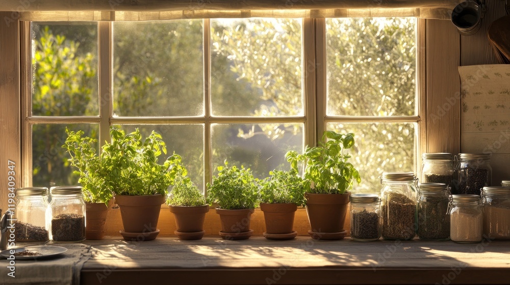 Sunlit Herbs on Windowsill: A Rustic Kitchen Scene Sunlit Herbs on Windowsill: A Rustic Kitchen Scene
