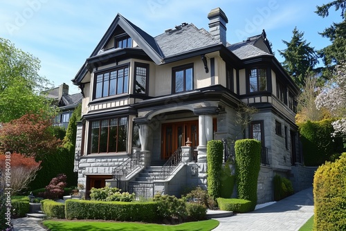 A large, elegant Queen Anne house style with a mix of stone and wood exterior, featuring multiple windows and a grand entrance. The surrounding landscape includes well-manicured gardens and trees. photo