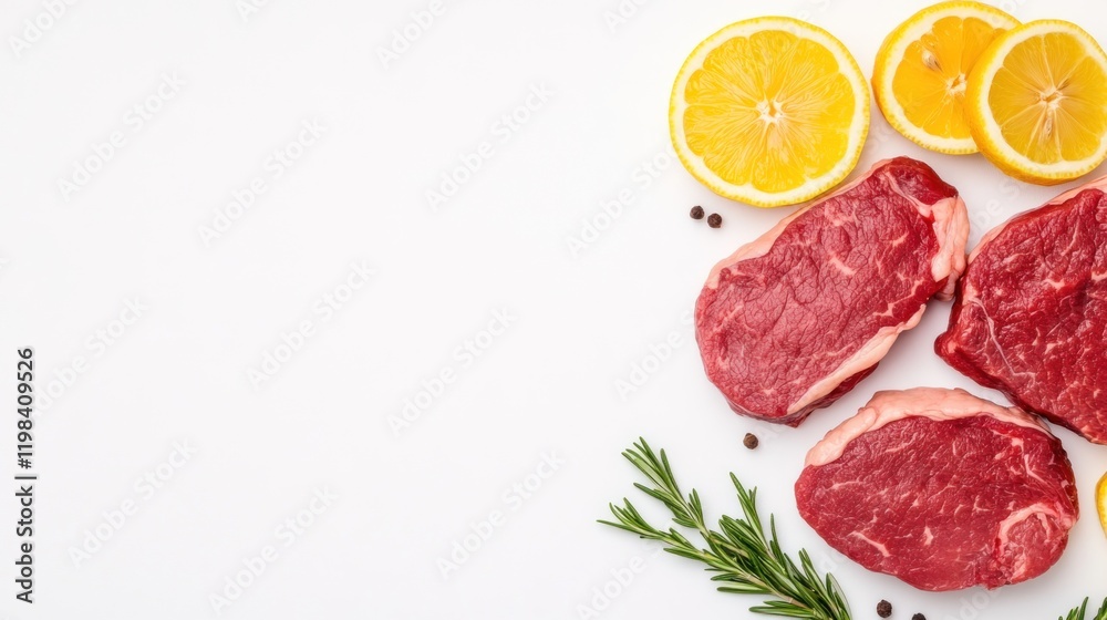 A top view of a carnivore diet concept featuring fresh cuts of meat, such as steak or ribs, accompanied by lemon slices and sprigs of rosemary for a touch of freshness. A top view of a carnivore diet concept featuring fresh cuts of meat, such as steak or ribs, accompanied by lemon slices and sprigs of rosemary for a touch of freshness.