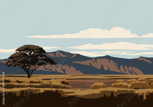 African savannah landscape illustration with mountain