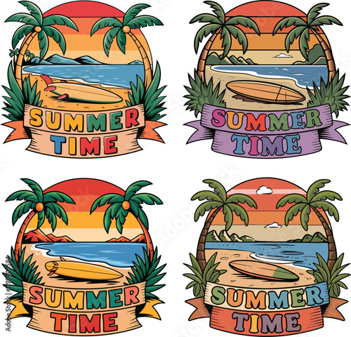 vector illustration of a beach scene with a surfboard on a sandy beach, palm trees, mountains, and a body of water in the background.
