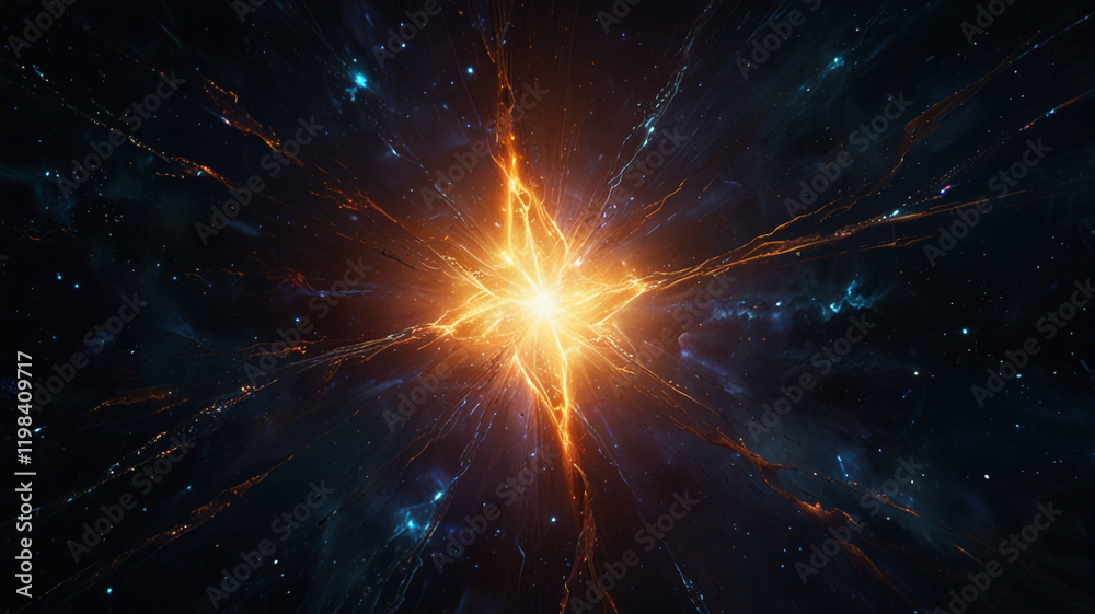 Fototapeta premium A brilliant golden starburst explodes in a cosmic nebula, radiating light and energy through a deep space background filled with blue stars.