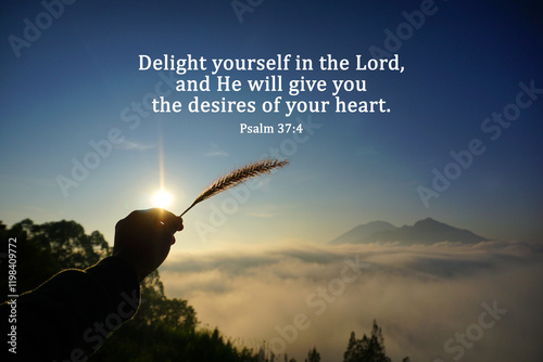 Bible verse quote - Delight yourself in the Lord, and He will give you the desires of your heart. Psalm 37:4 on nature landscape background of the mountains with person holding flower against the sun. photo