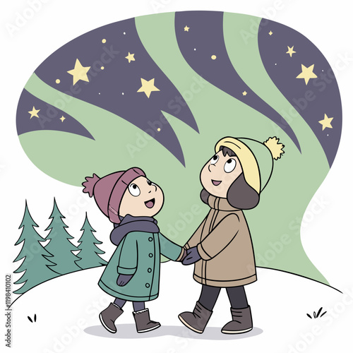 Two Children Holding Hands Under Northern Lights in a Winter Landscape