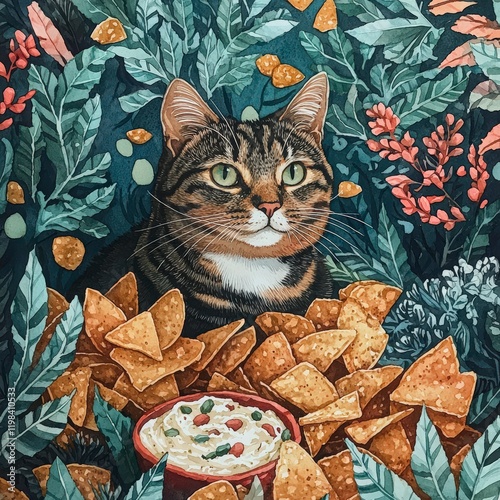 Wallpaper Mural Tabby Cat Surrounded by Tortilla Chips and Dip Torontodigital.ca