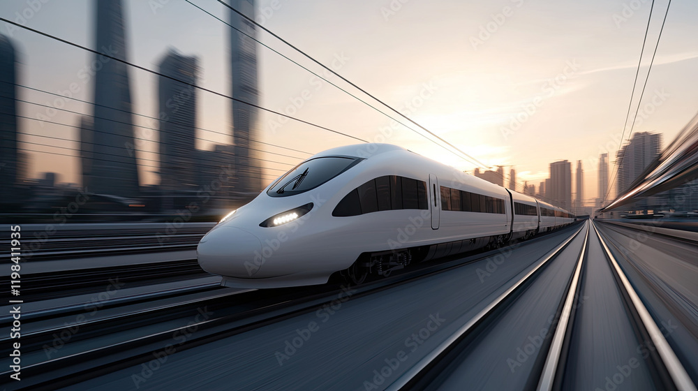 Fototapeta premium High speed train moving through urban landscape at sunset