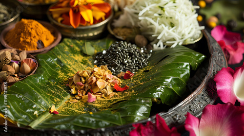 Traditional Indian spices and herbs arranged on a banana leaf photo