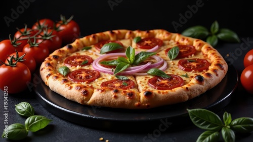 Savor a slice of perfection: golden crust topped with creamy white cheese, vibrant red tomatoes, sharp onions, and aromatic basil leaves on a sleek black plate, complemented by fresh tomato slices nea photo