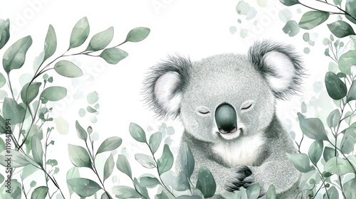 Adorable koala resting amidst eucalyptus leaves. photo