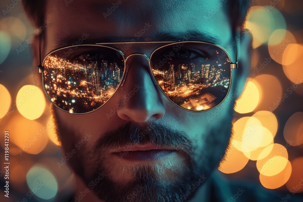 Handsome man wearing aviator sunglasses with city lights reflection Handsome man wearing aviator sunglasses with city lights reflection