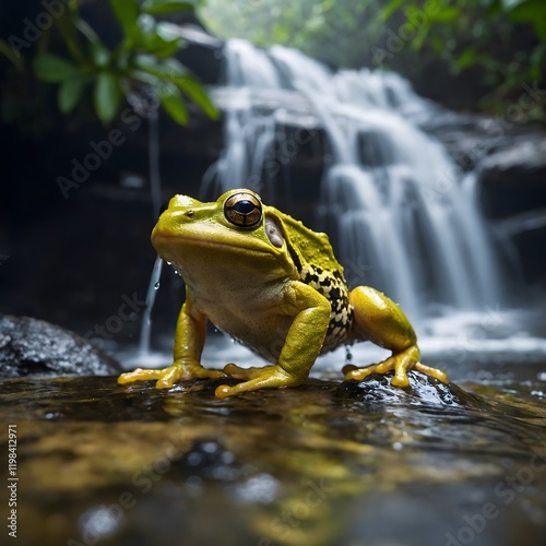 Dynamic Leap: Golden Coquetry Frog Near Cascading Waterfall photo