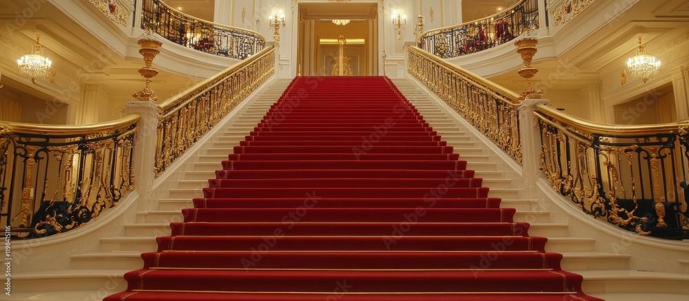 Obraz premium Grand Staircase with Red Carpet: Opulence and Elegance in Architecture
