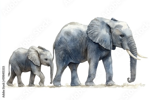 Watercolor illustration of an adult elephant and a calf walking together.