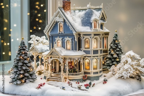 A beautifully decorated miniature Victorian Queen Anne house style surrounded by snow-covered trees and festive decorations. The house features intricate details, warm glowing lights. photo