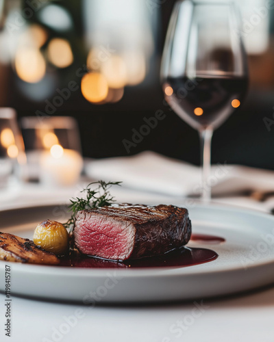 Elegant steak dish with red wine in fine dining setting