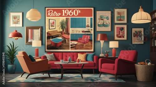 Retro 1960s interior design poster with iconic mid-century furniture and decor photo