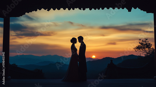 Silhouette of Wedding Couple in Love Kissing and Holding Hands During Sunset with Romantic Evening Sky Background







