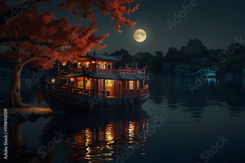 Chinese traditional dragon yacht at he calm lake at night with fullmoon and lantherns during chinese new year photo