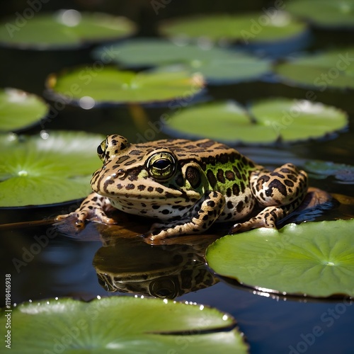 Realistic Portrait: Relict Leopard Frog Amidst Tranquil Lily Pad photo