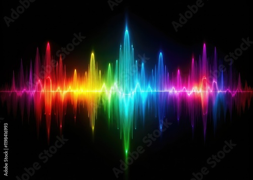 Abstract drone photography captures vibrant, multicolored waveforms against a dark backdrop, visualizing digital audio.